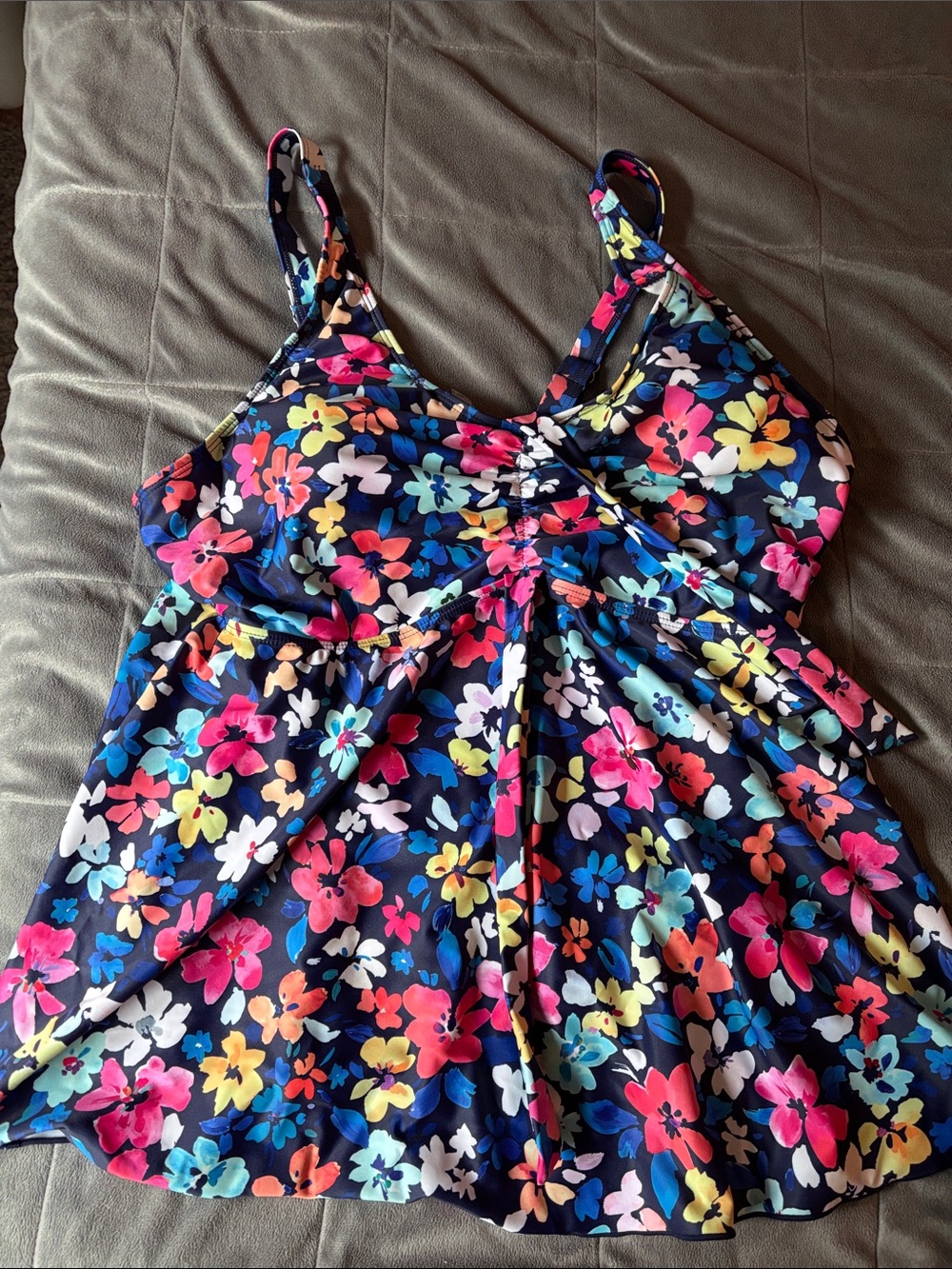 Younique Floral Tankini top in dark blue with Multicolor Blooms ajustable strap